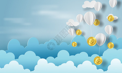 锤和挖掘位硬币用比特币钱制作的气球纸商业和管理概念思想蓝色的天空云彩传说背景