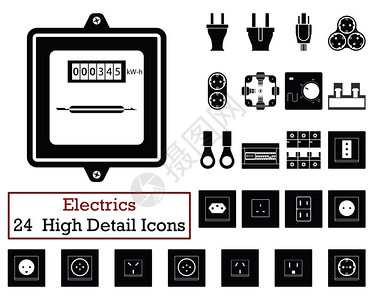 一组24个电气图标单色颜设计矢量插图背景图片
