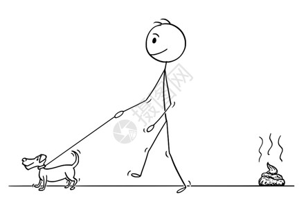 卡通棍子描绘了男人用小狗在地上皮带行走离开粪便或在地上行走的概念图图片