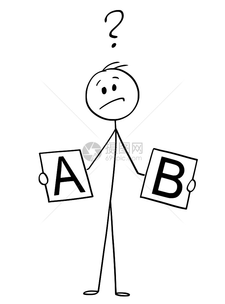 卡通刺棍描绘用A和B手持卡片的人或商概念图解并在两种选择之间作出决定图片