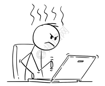 疯狂工作刻画愤怒的男子或商人在笔记本电脑上工作和打字的概念插图卡通棍插画