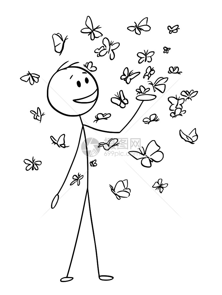 卡通棍在概念上展示了快乐的笑人享受着被周围飞来去的大量蝴蝶环绕快乐微笑人白日梦或环境保护的概念快乐人的卡通在蝴蝶身边环绕着他的快图片