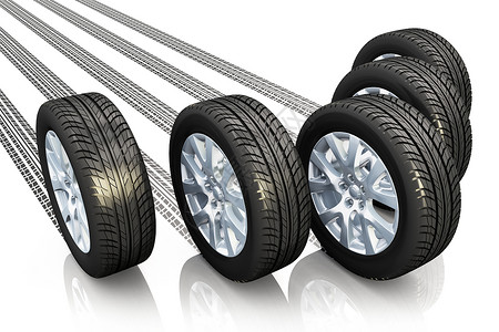 轮胎轨迹具有创意的汽车概念一套轮胎印在白色背景上与隔绝产生反射效果背景