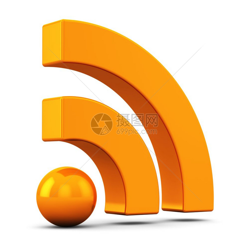 因特网络通信概念3D橙色RSS符号图标或白底孤立的按钮图片
