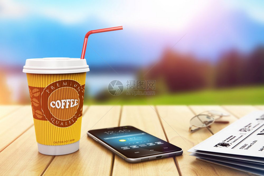 在移动和线通信技术网络媒体概念上具有创意的现代企业在移动和线通信技术互联网媒体概念上3D将纸一次杯子或新鲜热咖啡饮料触摸屏智能手图片