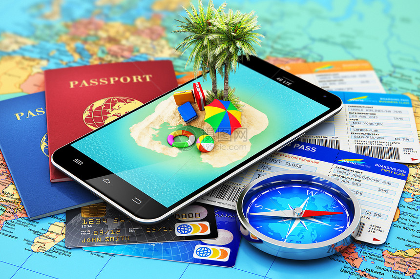 创意抽象旅行游暑假和期概念3D以热带岛屿和棕榈树国际生物鉴别护照机票或登证磁罗盘和世界地理图上的彩色银行信用卡以选择重点效果展示图片