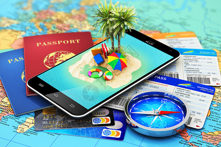 创意抽象旅行游暑假和期概念3D以热带岛屿和棕榈树国际生物鉴别护照机票或登证磁罗盘和世界地理图上的彩色银行信用卡以选择重点效果展示背景图片