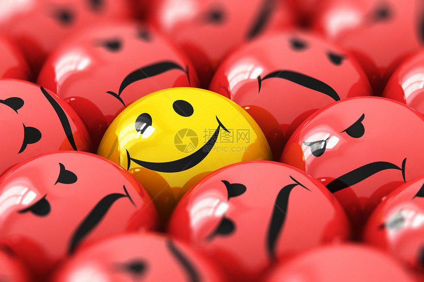 创用抽象的3D表示在红色愤怒的人群中单一快乐的黄色笑脸宏观点具有选择焦点效果图片