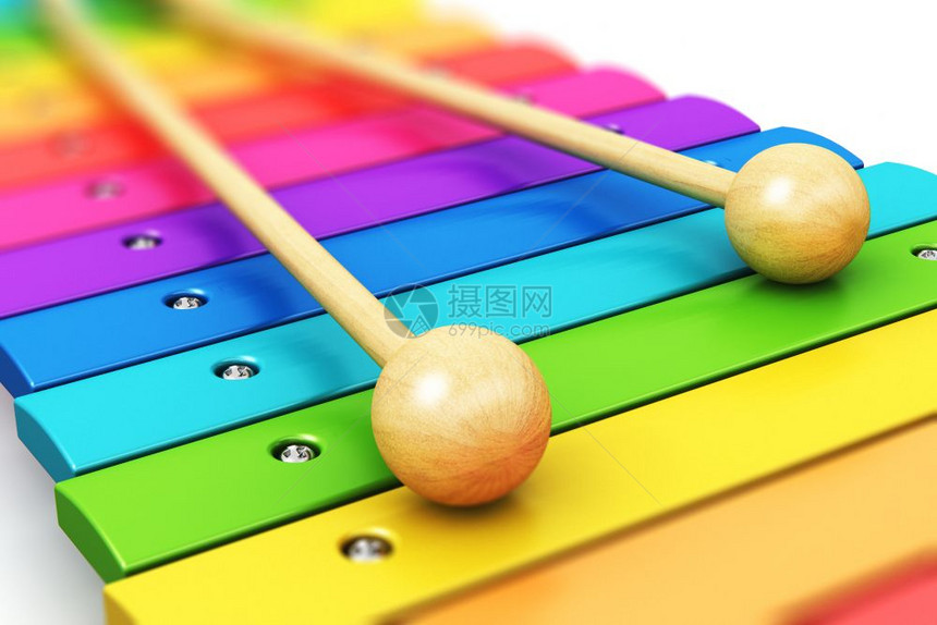 创抽象震动音乐器和艺术创作概念3D展示彩色虹木形X伊罗语两根木鼓棒在白色背景上隔离有选择地产生焦点效果图片