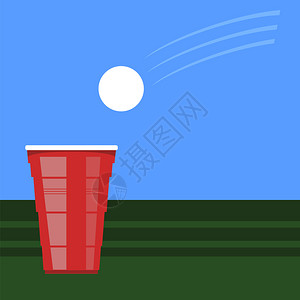BeerPong锦标赛红塑料杯和白网球在绿桌党的娱乐游戏传统饮酒时间图片