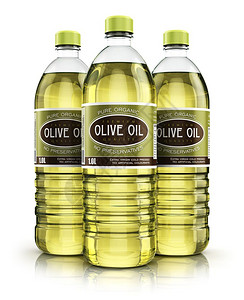 3D表示三瓶装有黄精炼橄榄油或白底有机脂肪的塑料瓶图片