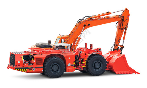 建筑道路工程和建筑业设备概念大型重橙色工业液压轮式挖掘机或白色背景的推土机背景图片