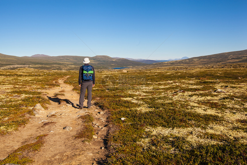 背包在挪威山上旅行的徒步者Dovrefjell图片