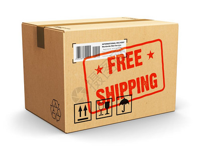 货物标签商业务概念带自由船运文本标签贴印的节制纸板包装箱白色背景上孤立背景