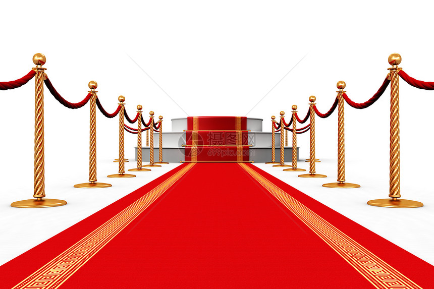 创造抽象颁奖仪式和商业概念的成功红地毯台前和白背景孤立的金链屏障图片