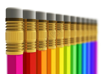 创造抽象商业办公室学校教育和创造概念一排彩虹铅笔以白色背景隔离有选择地突出重点和浅度DOF效果背景