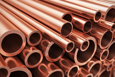 有创意的重色金属冶工业和制造商生产概念大量闪亮金属铜管有选择焦点效果背景图片