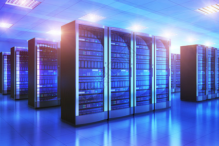 现代网络和互联电信技术大数据存储和云计算机服务业概念3D以蓝光数据中心显示服务器室的内部万维网高清图片素材