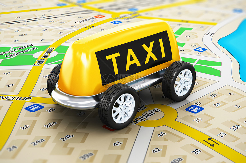 创意抽象旅行游观光和互联网络出租车在线服务商业运输概念从黄色出租车牌上挂着汽轮子的黄色出租车牌玩具的宏观点有选择焦点效果在彩色城图片