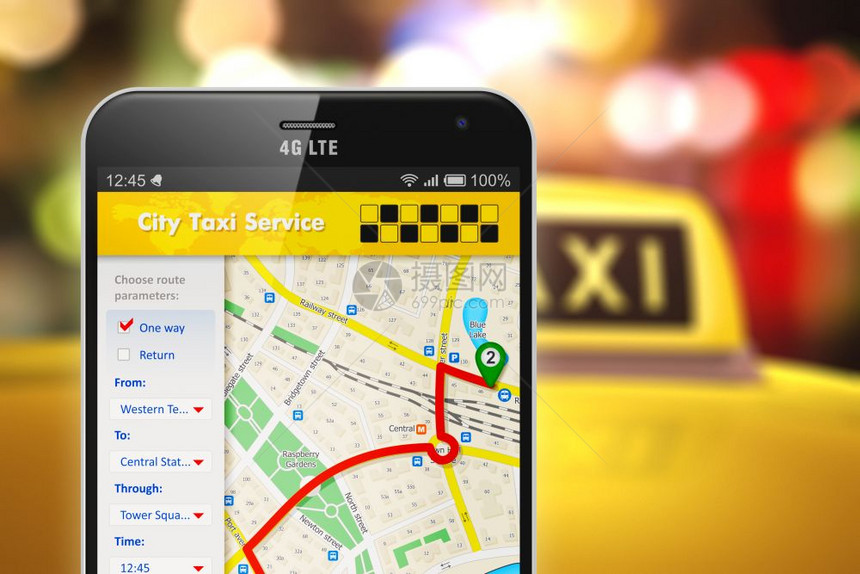 创意抽象旅行游观光和互联网络出租车服务应用商业运输概念3D用在线卫星GPS出租车应用软件在屏幕上出租车屋顶和黄色出租车标志模糊的图片