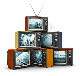 家用天线创意抽象通信媒体和电视频道广播商业务概念堆或旧的色木家用电视接收器白色背景的天线分离背景