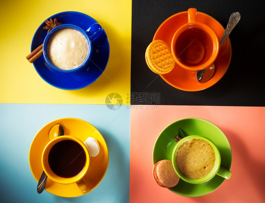 咖啡茶和可背景多彩最高视图图片