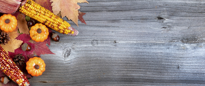 彩色的秋天装饰左角边框位于风化的木制背景上图片