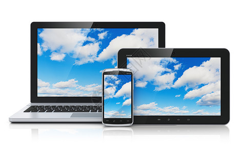 云计算技术服务概念商业办公室膝上型笔记本电脑或平板计算机和现代黑色光触摸屏智能手机蓝天空和白背景隔离的屏幕云产生反射效果背景图片