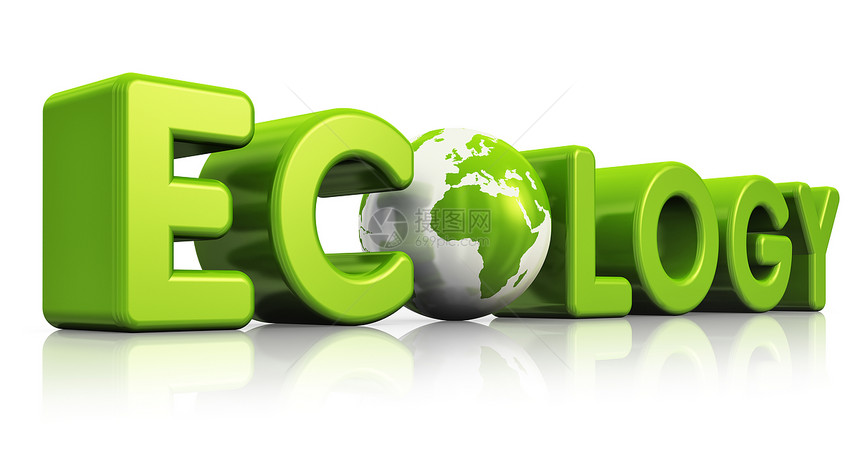 生态概念3D表示绿色生态词的插图用地球图将孤立在白色背景上产生反射效果图片