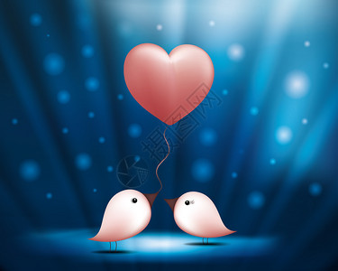 有气球心的鸟儿情人节蓝色背景背景图片