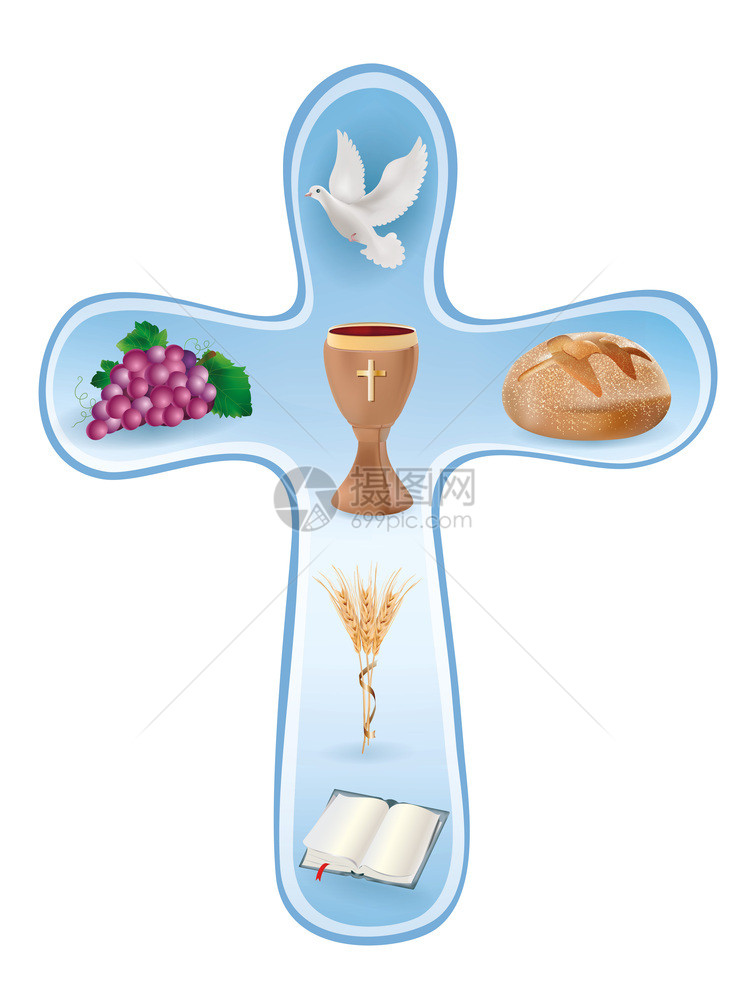 孤立的十字符号木杯葡萄面包圣经鸽子蜡烛蓝底小麦耳朵图片
