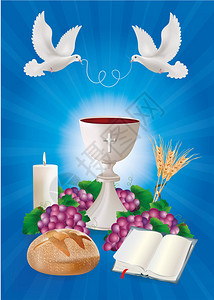 带有白圣杯面包经葡萄蜡烛蓝底鸽子的符号概念图片