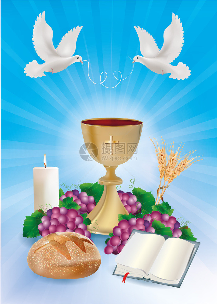 蓝背景概念本符号带有金杯面包圣经葡萄蜡烛鸽子小麦耳朵图片
