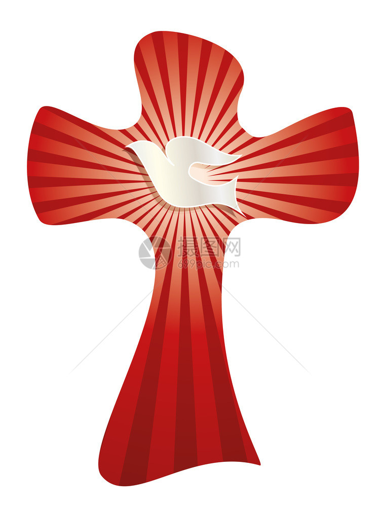 孤立的矢量克里斯蒂安十字与鸽子和红背景的亮光线图片
