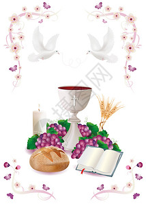 孤立的象征物有白色圣杯面包经食肉草皮蜡烛小麦粉的首饰花朵和蝴蝶图片