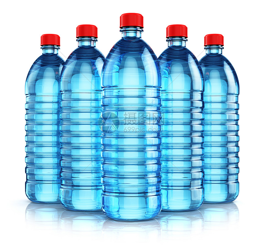 创意抽象的3D表示5个蓝色塑料瓶清晰净化的饮用碳水与白色背景隔开并产生反射效果图片