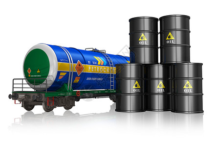 石油贸易石油和天然气工业概念金属油桶和铁路罐车组白色反射背景背景