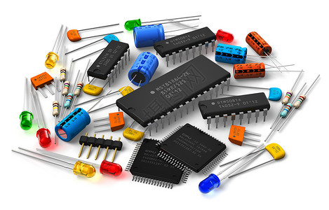各种电子部件组微处理器逻辑数字微芯片晶体管电容器抗体白底隔绝的LED等电阻器高清图片素材