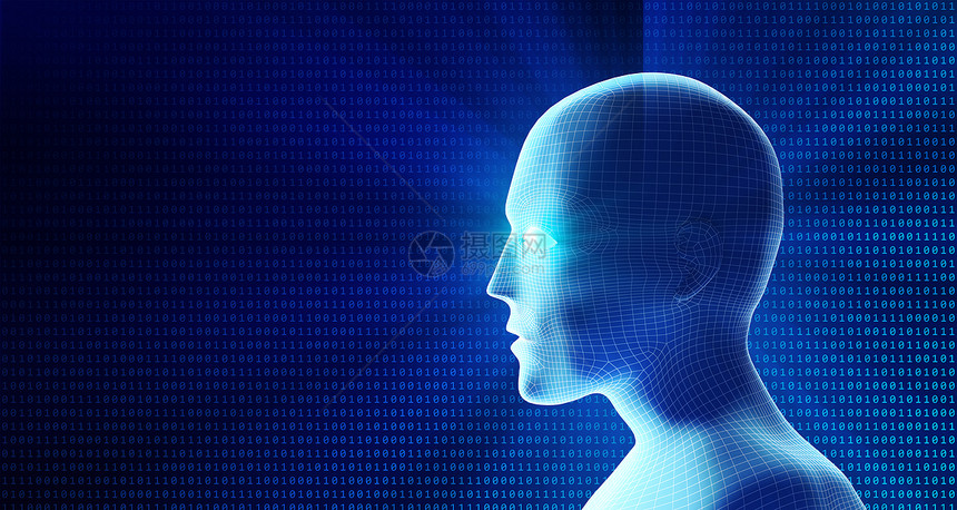 人类头和二进制代码的侧面视图蓝背景孤立模型数字未来计算机技术概念中的人工智能3插图图片