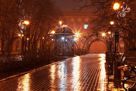 雨中城市公园空夜巷的景象高清图片