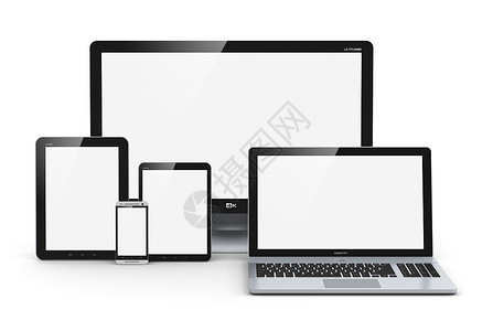 创意抽象计算机技术移动和通信业务概念笔记本或网书PC迷你平板电脑触摸屏智能手机和台式显示器白色背景孤立的屏幕电视办公室高清图片素材