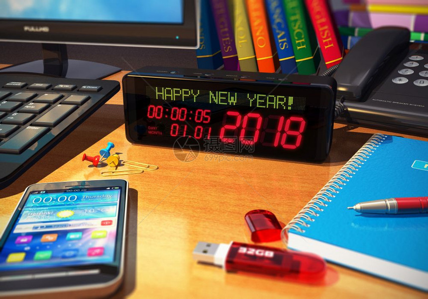 创意抽象新年2018开始庆祝商业概念3D展示数字闹钟与新年快乐的宏观视角办公室物体间木制桌上的信息智能电话或移动台式脑笔记本书籍图片