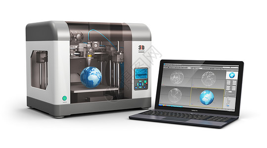 创意3DABS塑料印刷技术商业概念现代3D打印机和专业膝上型电脑或工作站笔记本电脑与3D设计软件接口隔离于白色背景聚碳酸酯高清图片素材