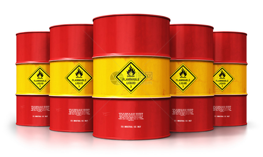 创意抽象石油和天然气工业制造和贸易商概念3D表示红色金属油桶或以白色背景孤立的石油桶图解并产生反射效果图片
