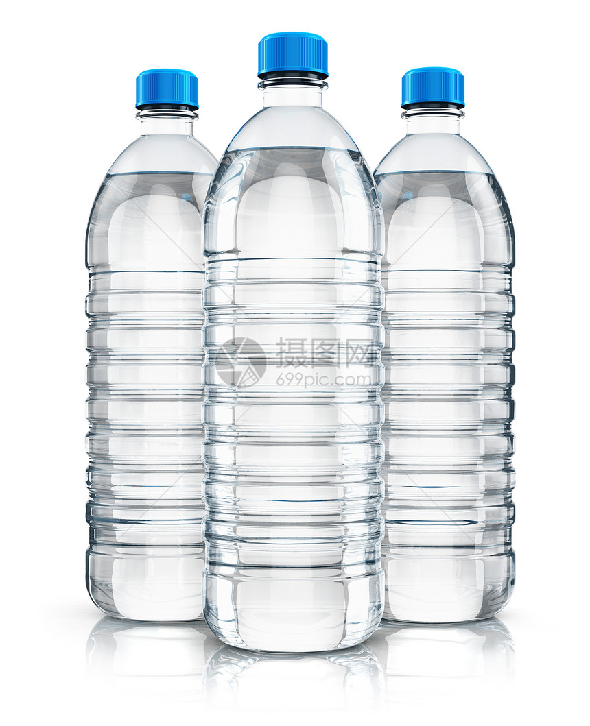 3D表示三瓶塑料组清晰净水碳化与白色背景隔绝反射效果图片