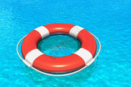 蓝色环形效果水上旅行安全概念蓝色水中的红救生带及反射效果背景