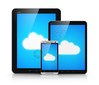 创意抽象云计算技术无线互联网电信和络连接商业概念平板电脑PC和现代黑色光闪触屏智能电话或手机蓝天空和云符号在白色背景隔离的屏幕上背景图片