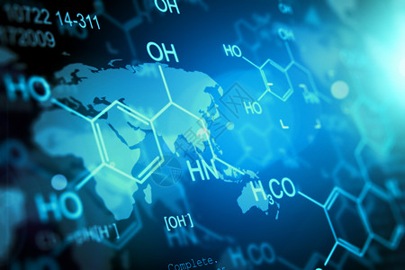 3D在蓝色网络空间中演示化学DNA分子结构和研究数据背景图片