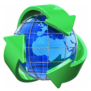 地球箭头回收利用和环境保护概念蓝色地球覆盖在白背景隔离的绿回收利用符号覆盖的蓝色地球背景