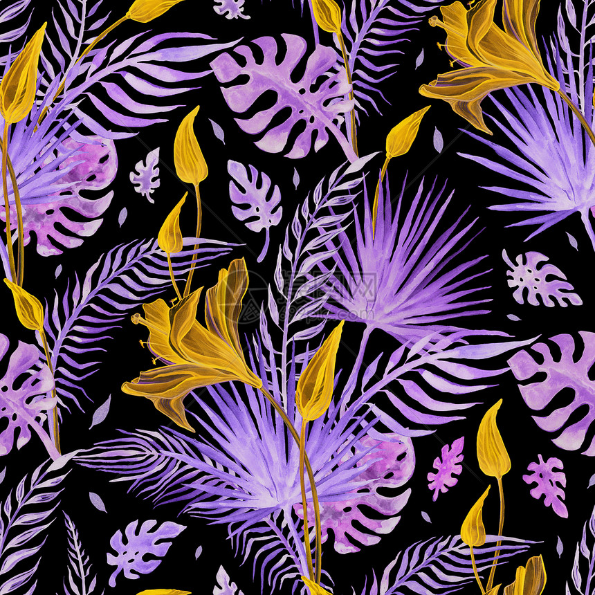 热带花卉摘要朵手画样无缝水彩色插图可用于壁纸网站背景纺织电话案例印刷美丽的热带花朵无缝的图样水彩画异国背景图片